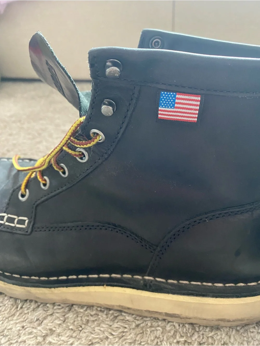 Danner Black Leather Moc Toe Boots with Yellow-Orange Laces
